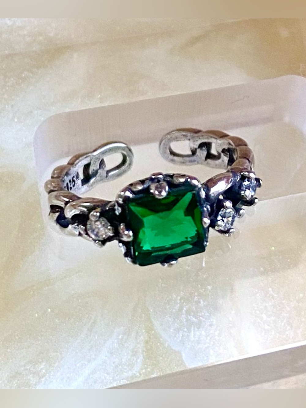 Sterling Silver Green Emerald-Cut Ring with Accent Stones